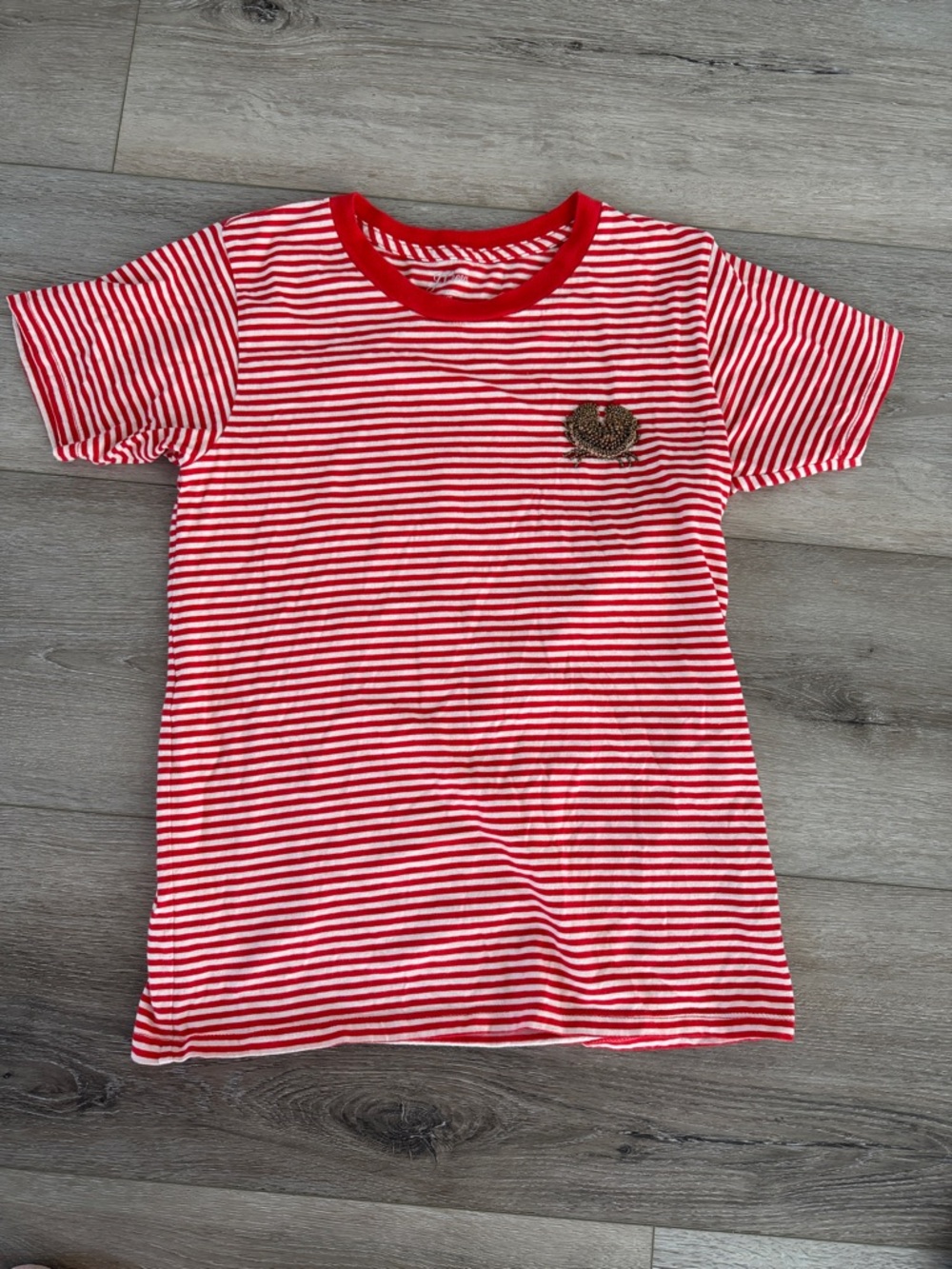 J. Crew Red and White Striped Short Sleeve Tee with Heart Patch